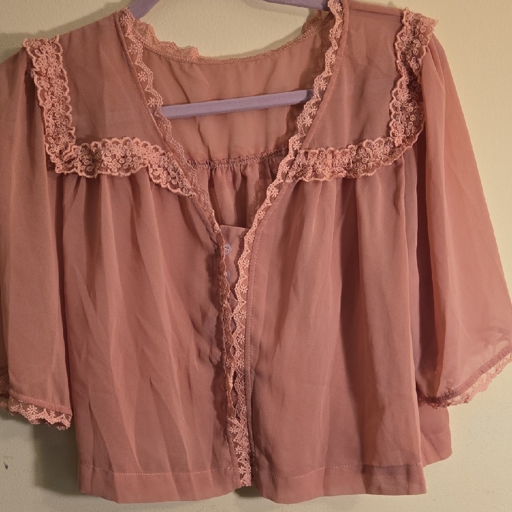 Chic Lace Trim Blouse in Soft Pink - Picture 1 of 5